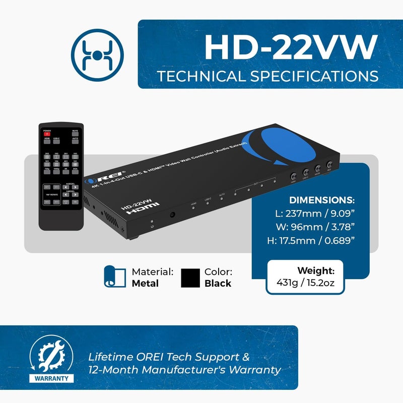 OREI 4K Video Wall Controller for Multi-Screen Display with HDMI and USB-C Inputs, 4K@60Hz Input and 1080p Output, 180° Rotation, RS-232 Control and Optical Audio Output - Image 5